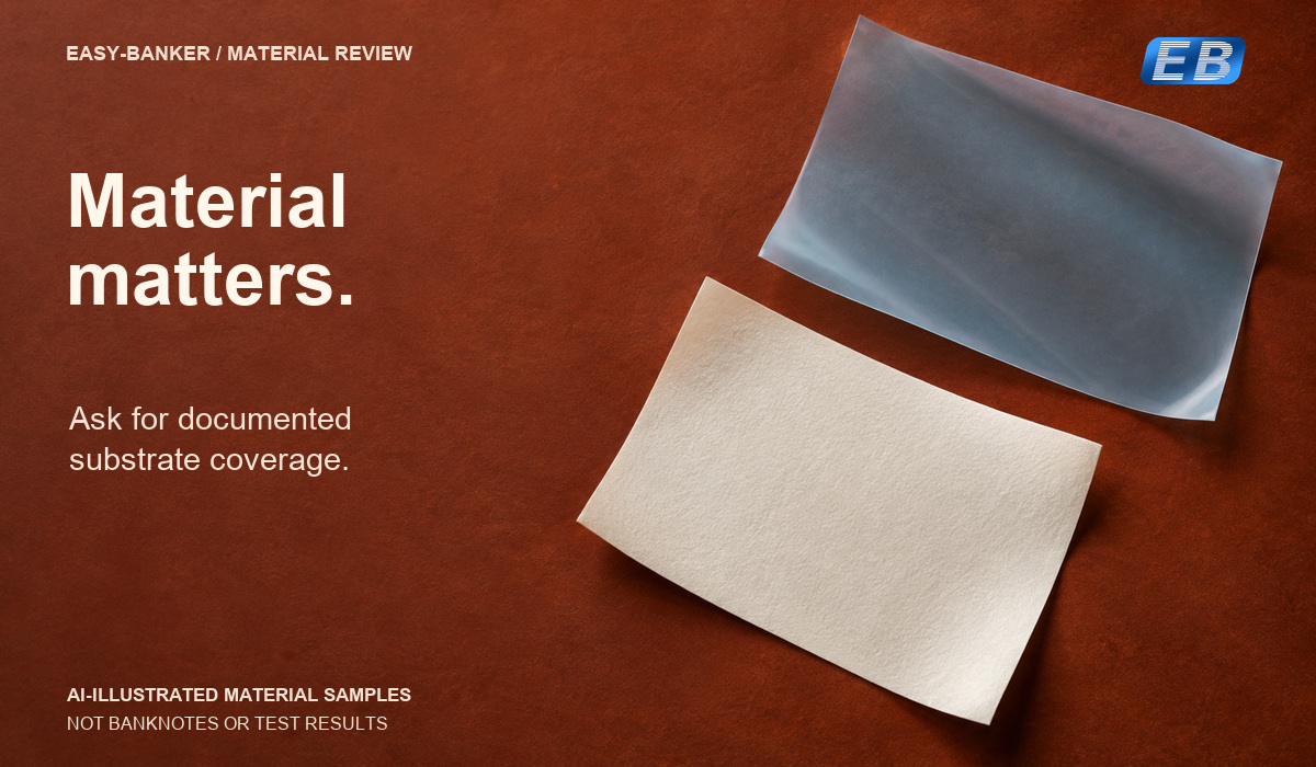 AI-illustrated blank paper and translucent film coupons on a terracotta surface, asking for documented substrate coverage. These are generic materials, not real banknotes or test results.