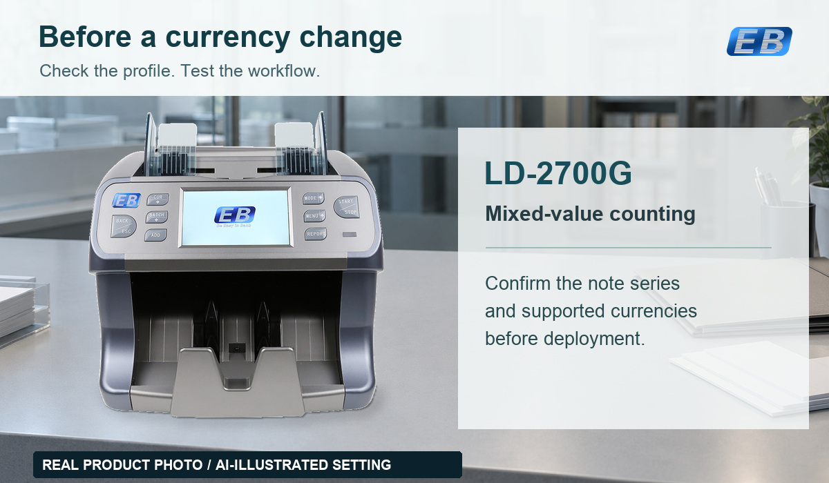 Original LD-2700G front product photo on an AI-illustrated counting desk; mixed-value counting is identified and buyers are asked to confirm supported note series and currencies.