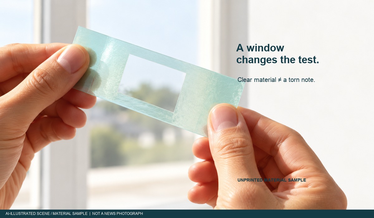AI-illustrated unprinted polymer material specimen with a clear window; not an official banknote or security-feature photograph.
