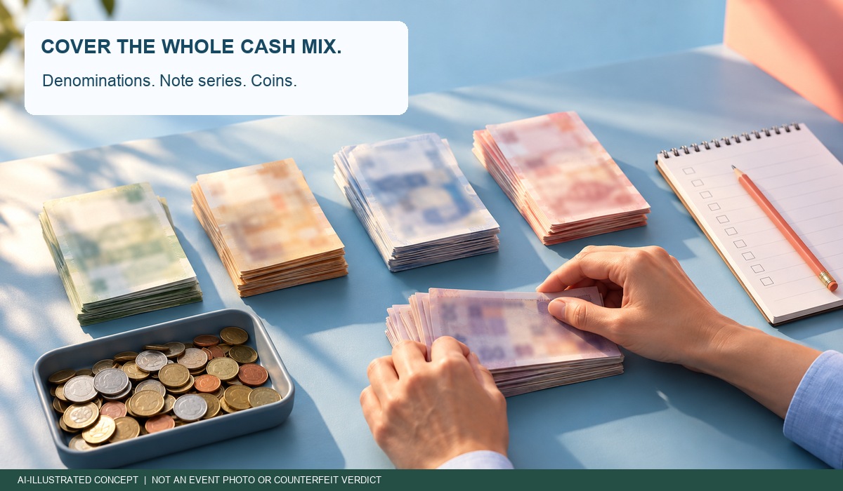 AI-illustrated note and coin batch preparation scene. Review denomination and currency-series coverage; no counterfeit result depicted. - Easy-Banker