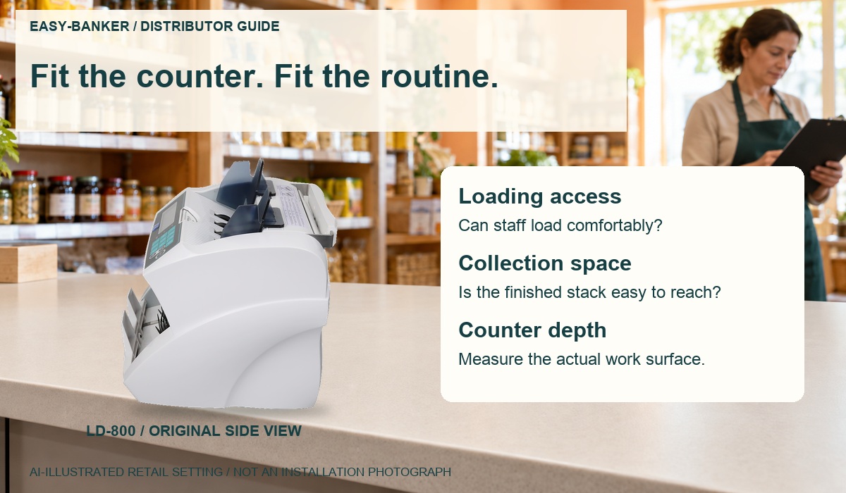 Original LD-800 side-view photograph in an AI-illustrated retail cash-office setting, with loading access, collection space and counter-depth questions; not an installation photograph.