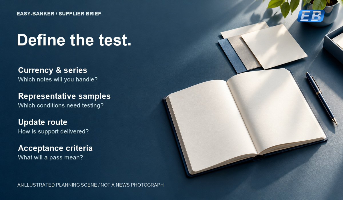 AI-illustrated planning notebook and blank paper swatches beside four supplier questions: currency and series, representative samples, update route and acceptance criteria. Not a test result or news photograph.