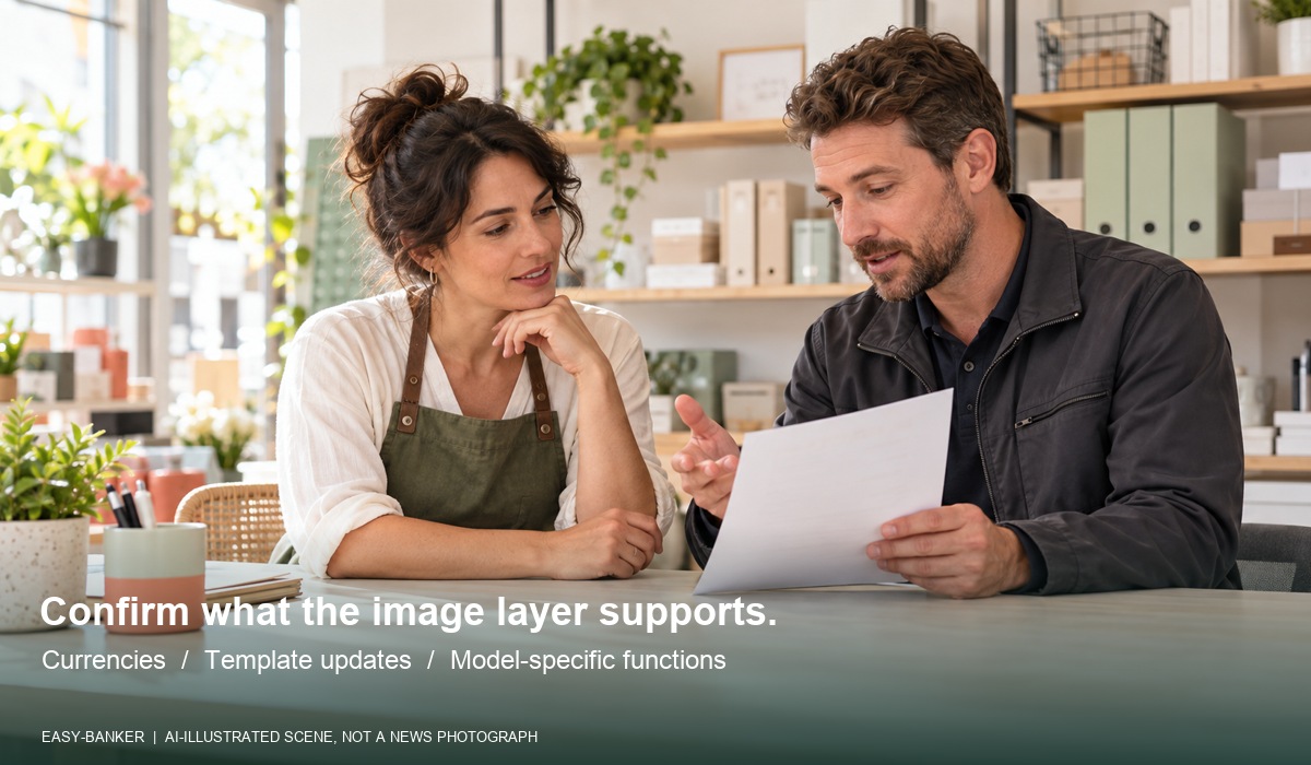 AI-illustrated supplier discussion: confirm supported currencies, template updates and model-specific image-layer functions.
